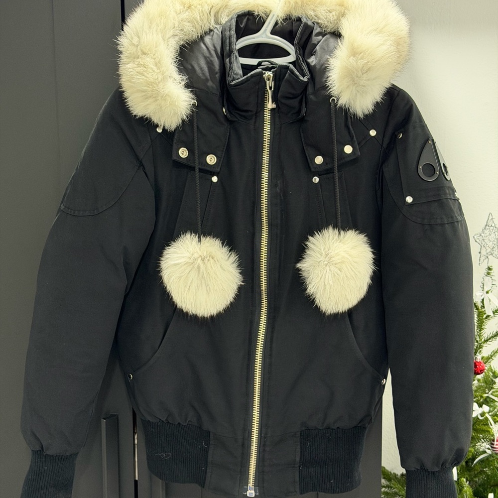 Moose Knuckles Black Bomber Jacket with White Fur Details